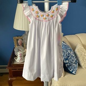 Hand smocked floral pink on white long dress with flutter sleeve